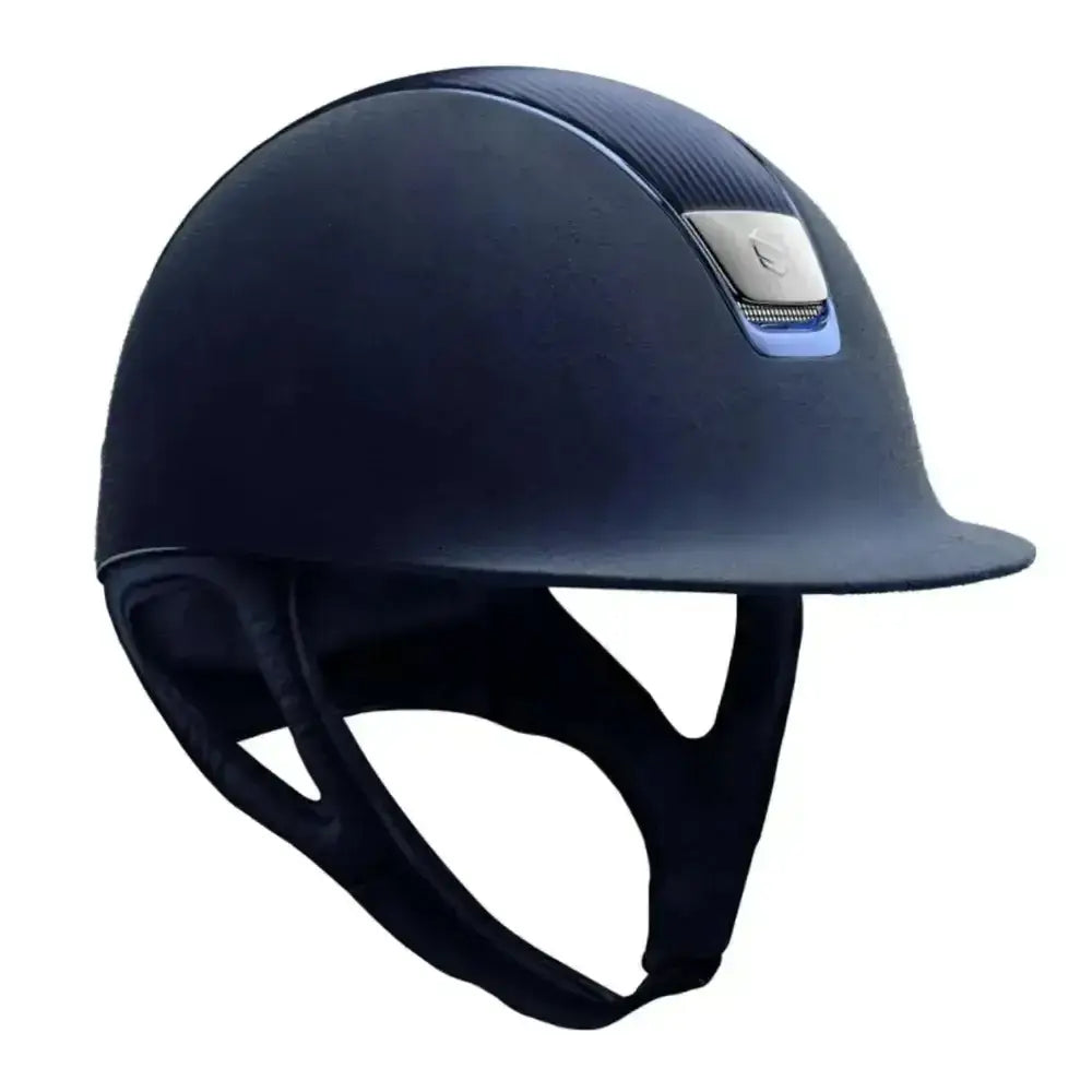 Black samshield riding helmet with premium alcantara blue suede leather blue chrome trim and carbon fiber texture