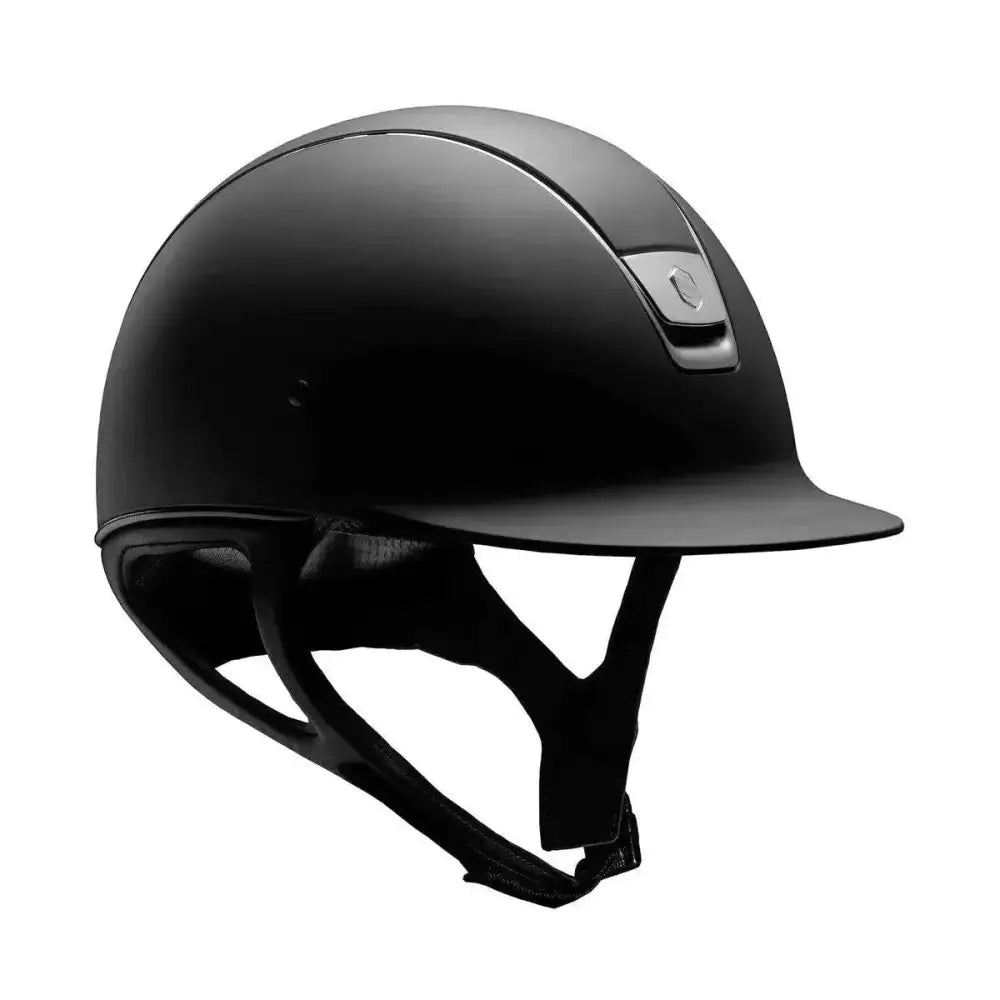 Black matte samshield shadowmatt riding hat with sleek design and silver black chrome blazon accent on the side