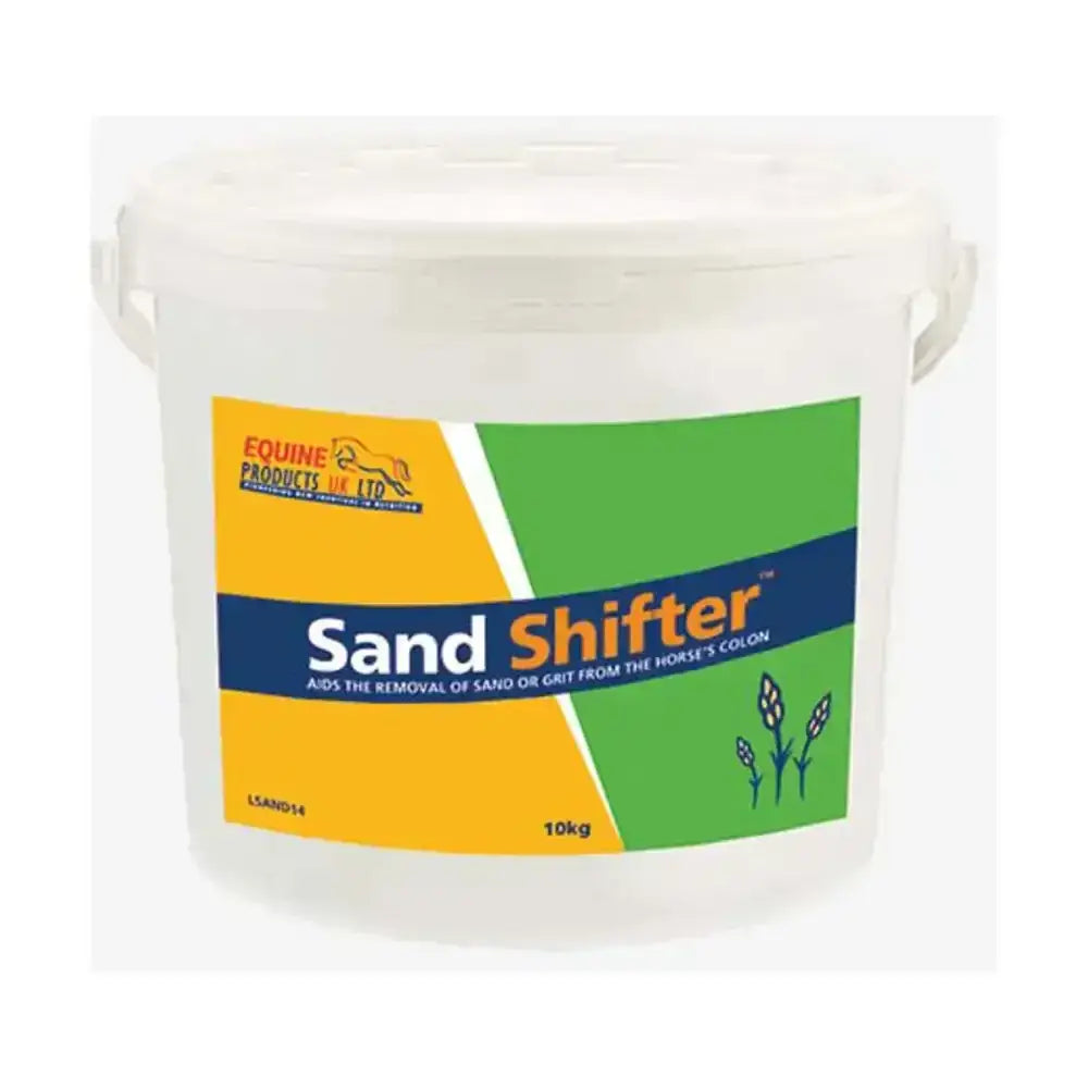 White plastic bucket of equine products ltd sand shifter with colorful label for removing sand from horses digestive tract using psyllium husk powder