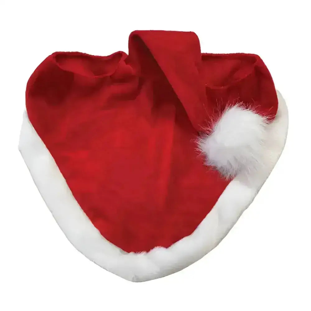 Red velvet santa hat horse bonnet by equetech with white faux fur trim and fluffy pom-pom perfect as santa horse hat