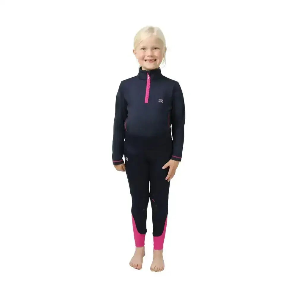 Navy blue and pink sara base layer wetsuit for kids with half zip and lr logo perfect for child’s wardrobe base layers