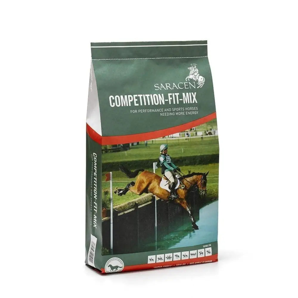 Saracen competition fit mix horse feed bag with green red design showing rider and horse jumping for performance horse’s fibre