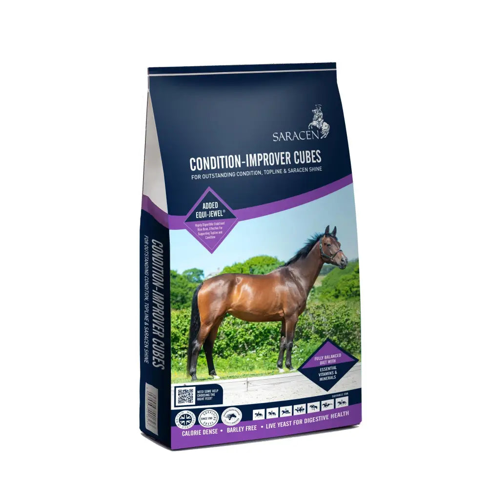 Saracen condition-improver cubes 20 kg navy and purple bag with a brown horse for boosting horse condition