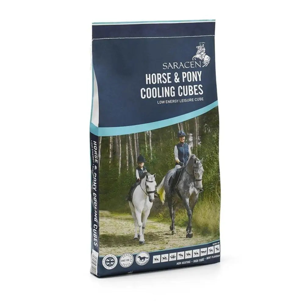 Saracen cooling cubes in a navy blue and teal bag with two riders on horses designed as non-heating pony cooling cubes