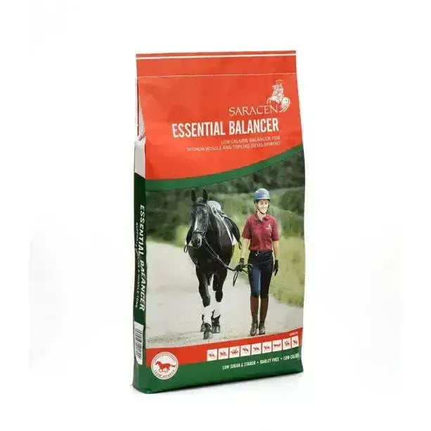 Saracen essential balancer horse feed bag with red and green design showing a rider on a black horse