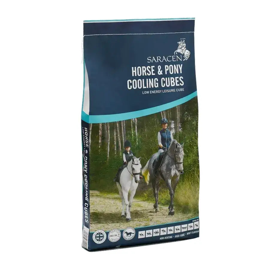 Saracen horse and pony cooling cubes 20 kg in navy blue and teal package with riders on horses for pony cooling cubes