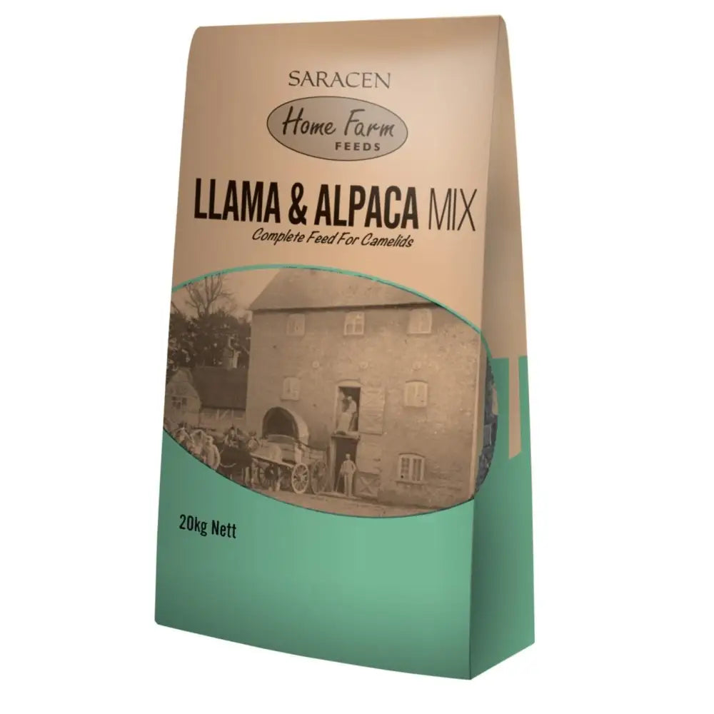 Saracen llama and alpaca mix feed in beige and teal paper bag featuring vintage farm image for equestrian use