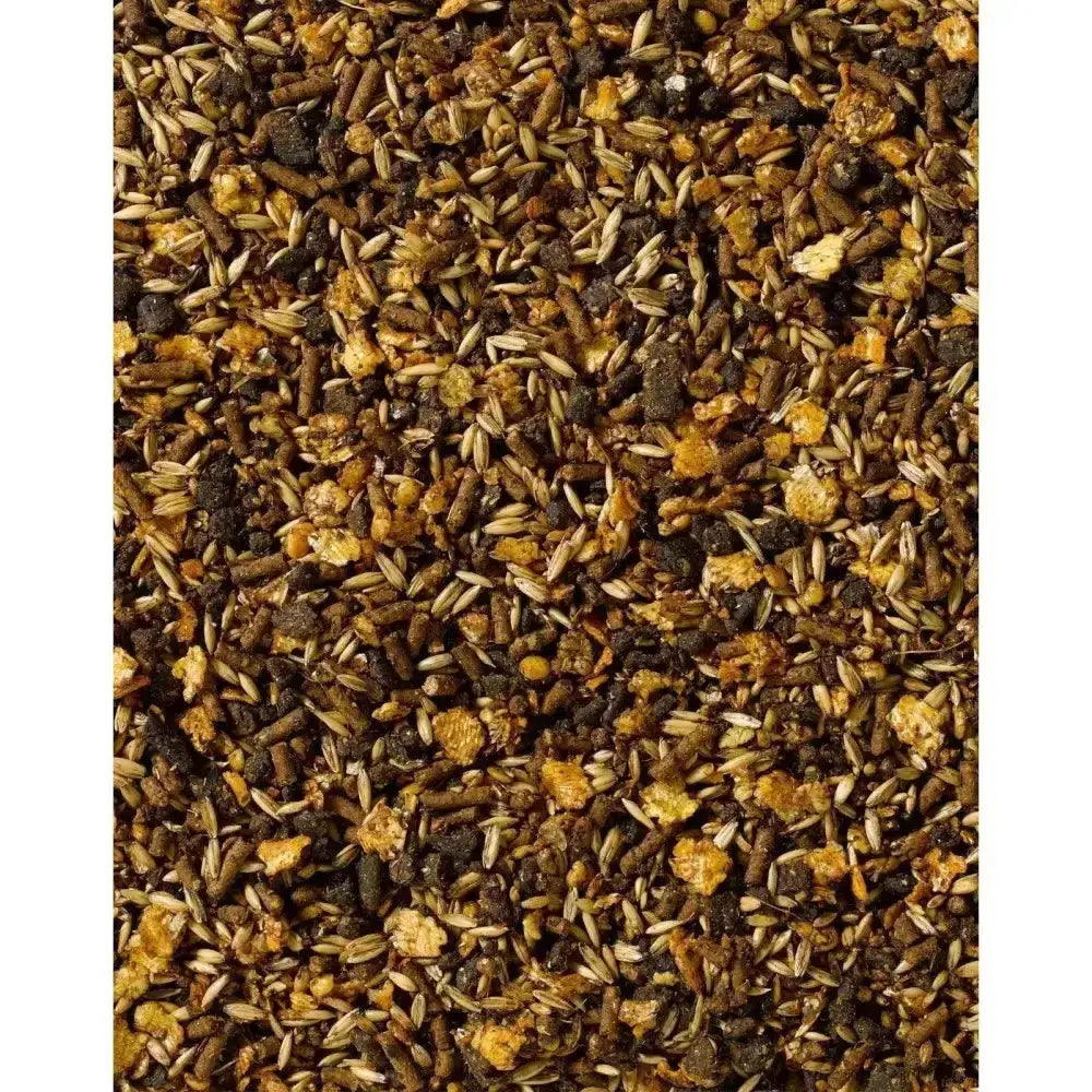 A mix of brown and golden grains and pellets in saracen stud prep multipurpose sweetfeed with buffered mineral complex
