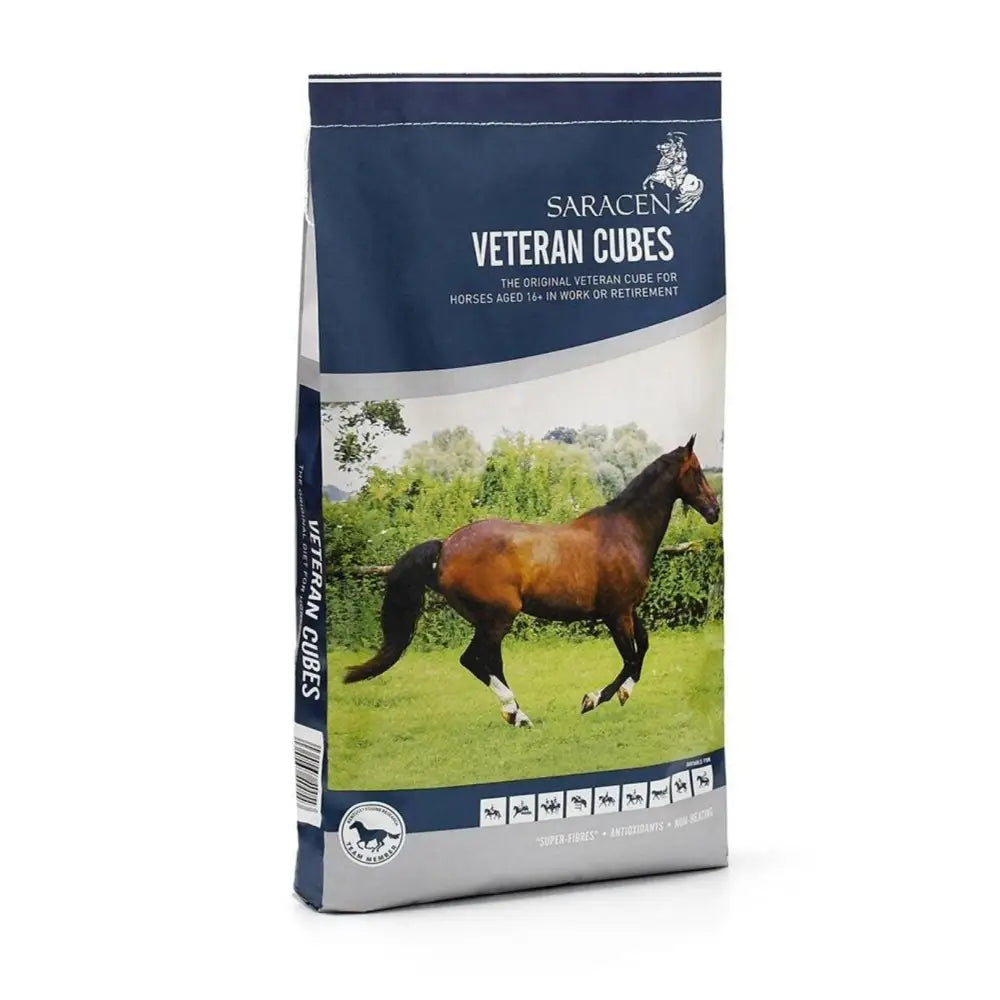 Saracen veteran cubes horse feed bag in navy and white with brown horse image promoting soft palatable mash and muscle function mint