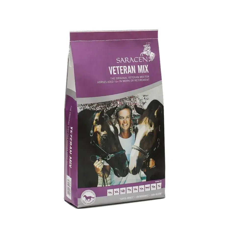 Purple and white bag of saracen veteran mix horse feed for horses 16 plus in work or retirement 20 kg bag