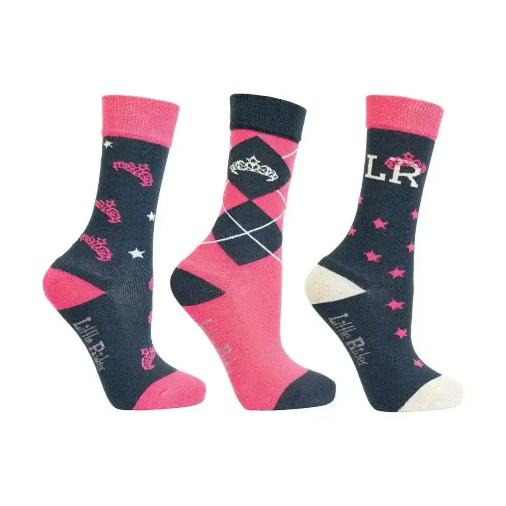 Set of three fun padded riding socks in pink and black with crown argyle and star designs by little rider to keep rider’s feet warm
