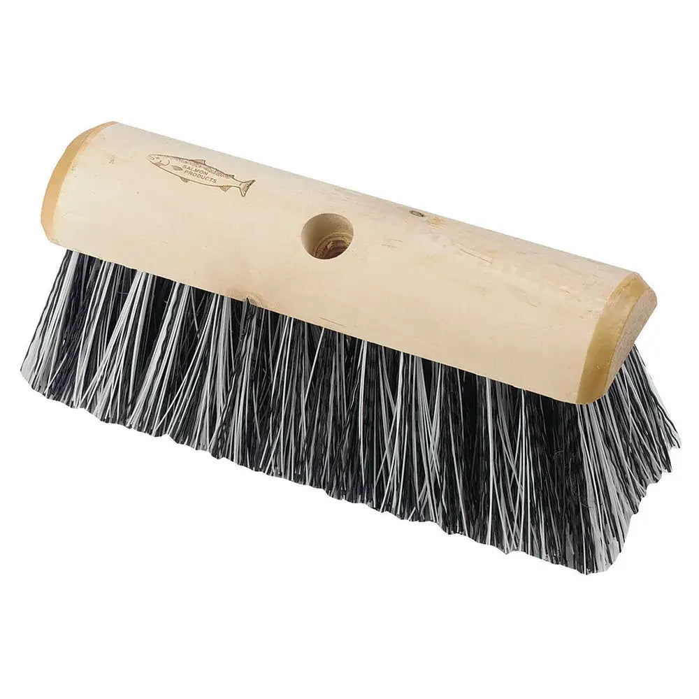 A scavenger yard broom head small with a sturdy light wooden handle and dense black and white bristles for tough cleaning