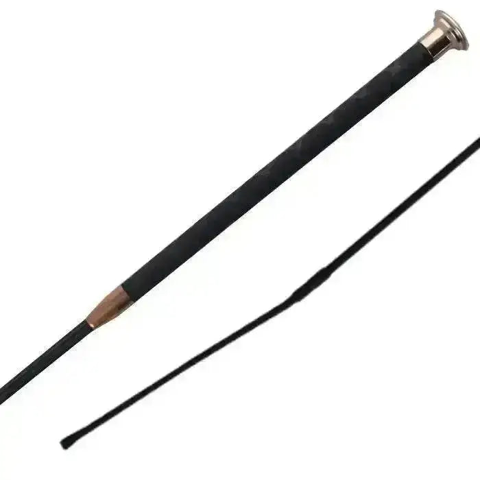 Black schooling whip with polished brass handle and tip from woof wear harmony dressage whip collection