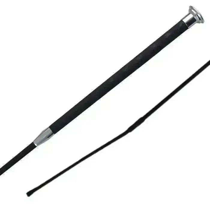 Black schooling whip with textured grip and silver ferrules by woof wears harmony dressage whip for riding use