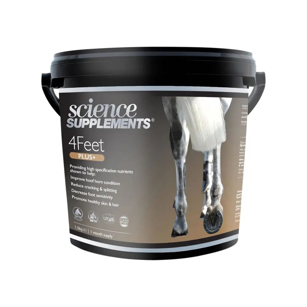 Black plastic bucket with handle labeled science supplements 4feet plus ultra-high specification hoof care for horses