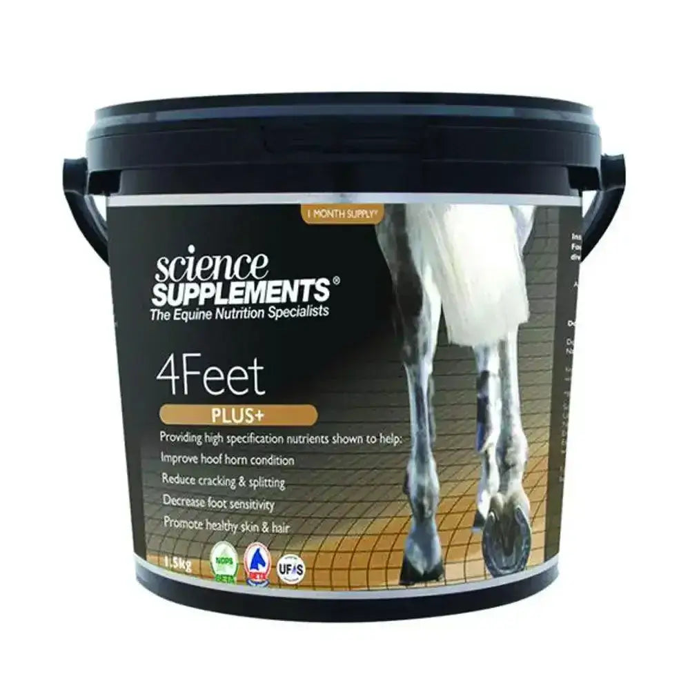 Black plastic bucket with lid and handles labeled science supplements 4feet plus ultra-high specification hoof care