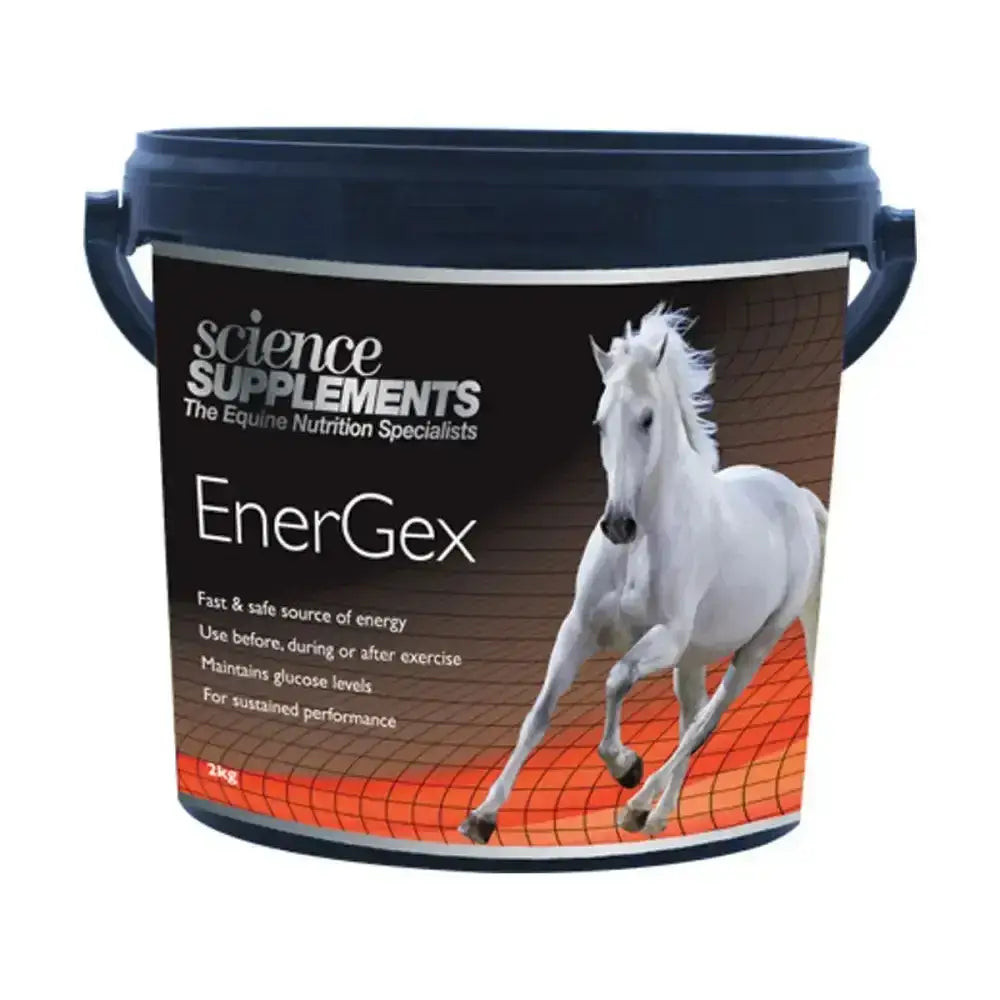 A 2kg black plastic bucket with handles labeled energex by science supplements for equine nutrition horse supplements