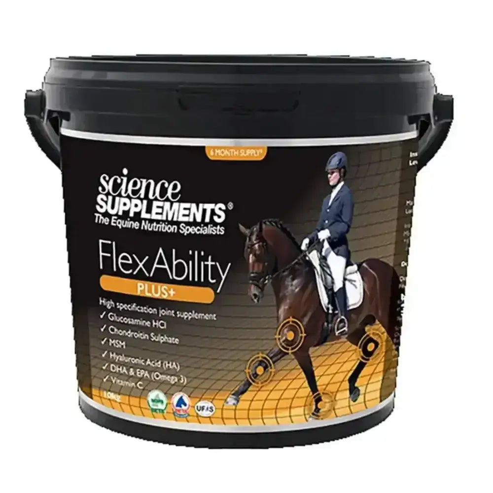 Black plastic bucket of science supplements flexability plus equine joint supplement with rider and horse label
