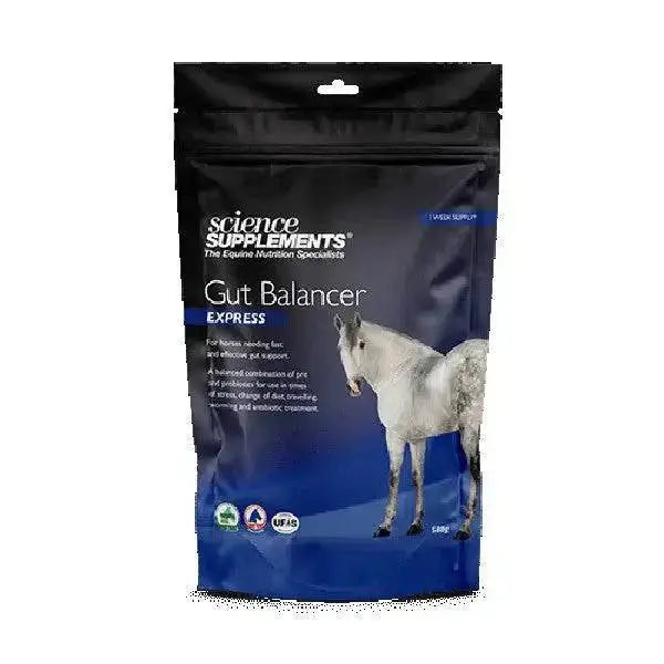Black and blue pouch of science supplements gut balancer express for effective gut support in horses