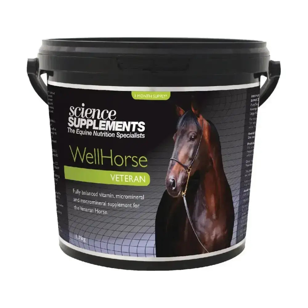 Black plastic bucket of science supplements wellhorse veteran micro mineral supplement with a horse label
