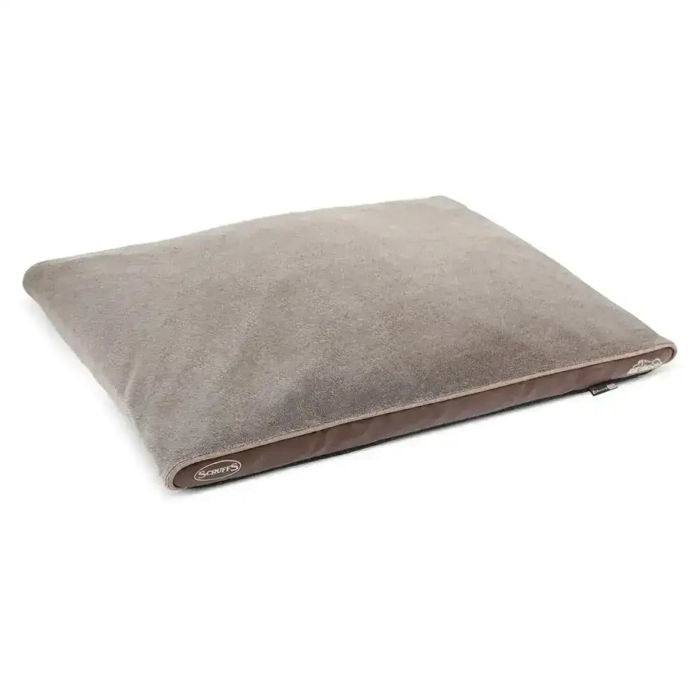 Gray suede scruffs chateau memory foam orthopaedic pillow dog bed with darker brown base and stitched edges