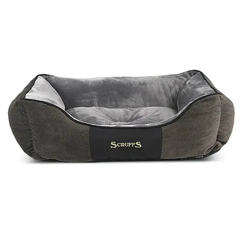 Gray and black scruffs chester box bed with plush velvet interior, corduroy exterior, and soft cushioned design using rich chenille fabric