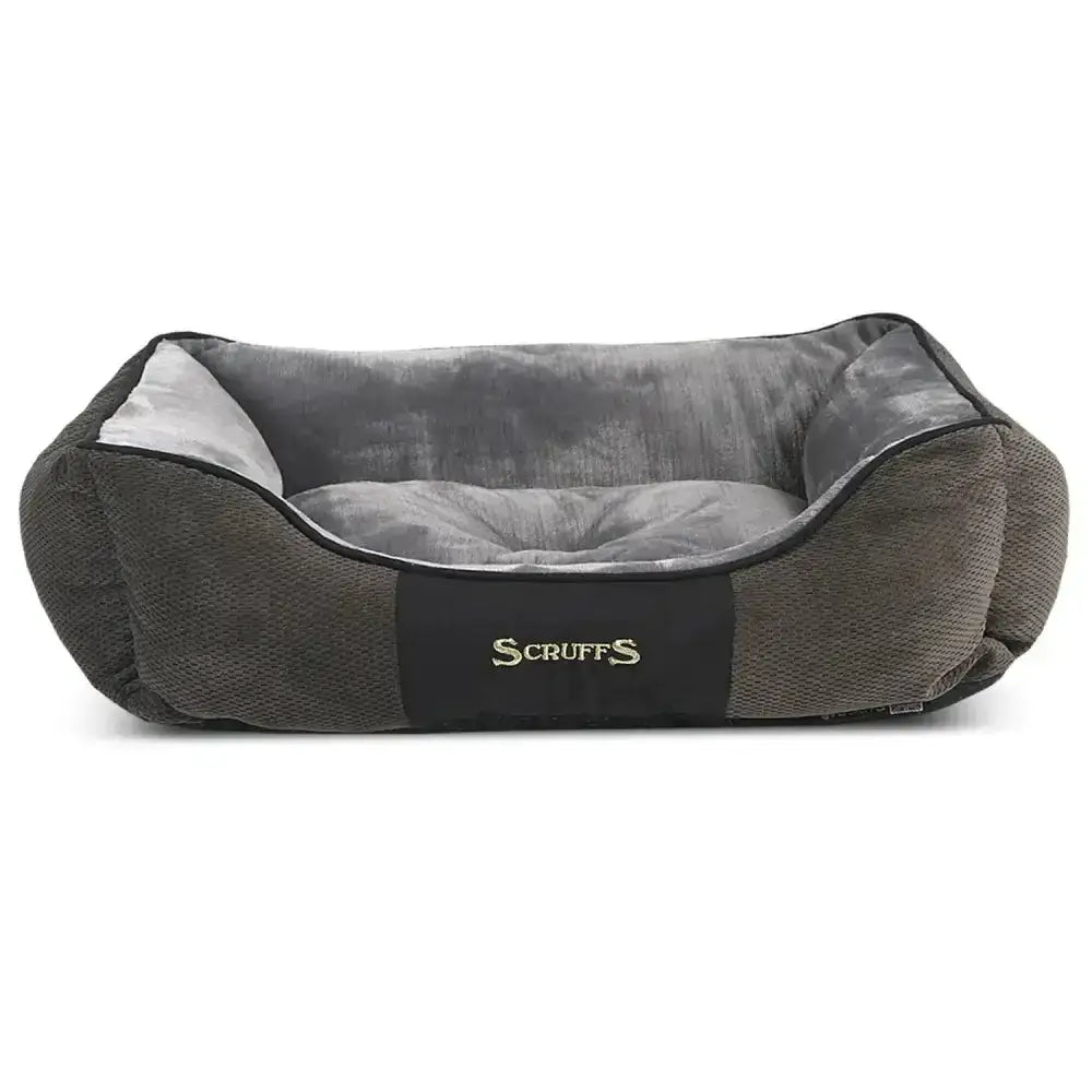 Gray and black scruffs chester box bed with plush cushioned interior made from rich chenille fabric for cozy pets
