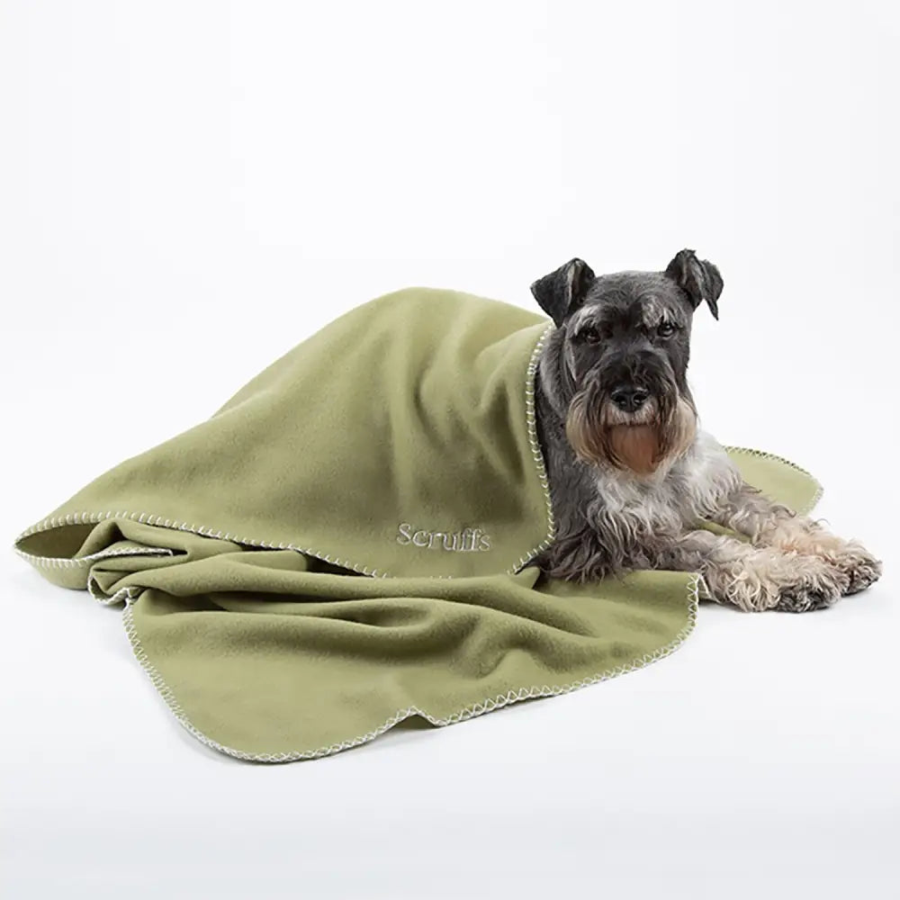 Olive green scruffs expedition fleece blanket with white stitched trim and embroidered scruffs logo on the corner