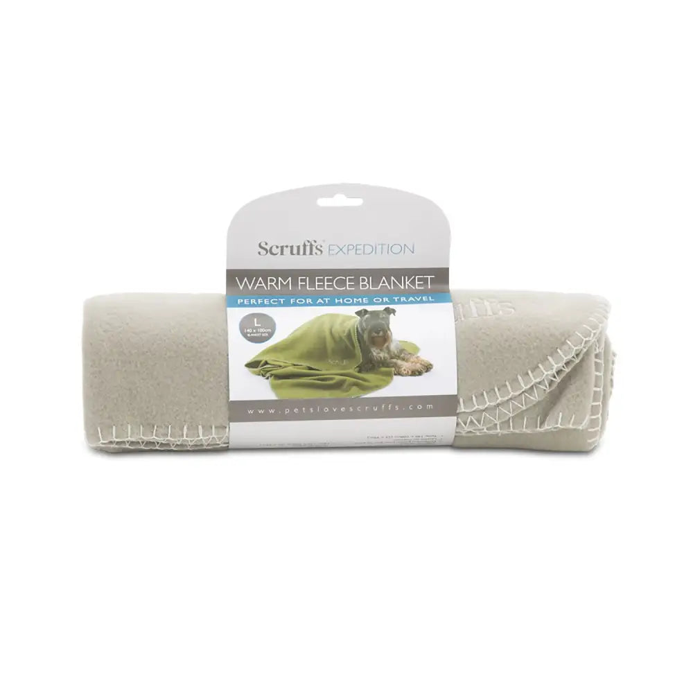 Beige scruffs expedition fleece blanket storm grey with white stitched edges in branded cardboard sleeve