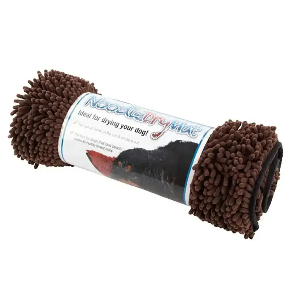 Brown plush microfiber scruffs noodle dry mat rolled up with label perfect for extremely absorbent muddy walk cleanup