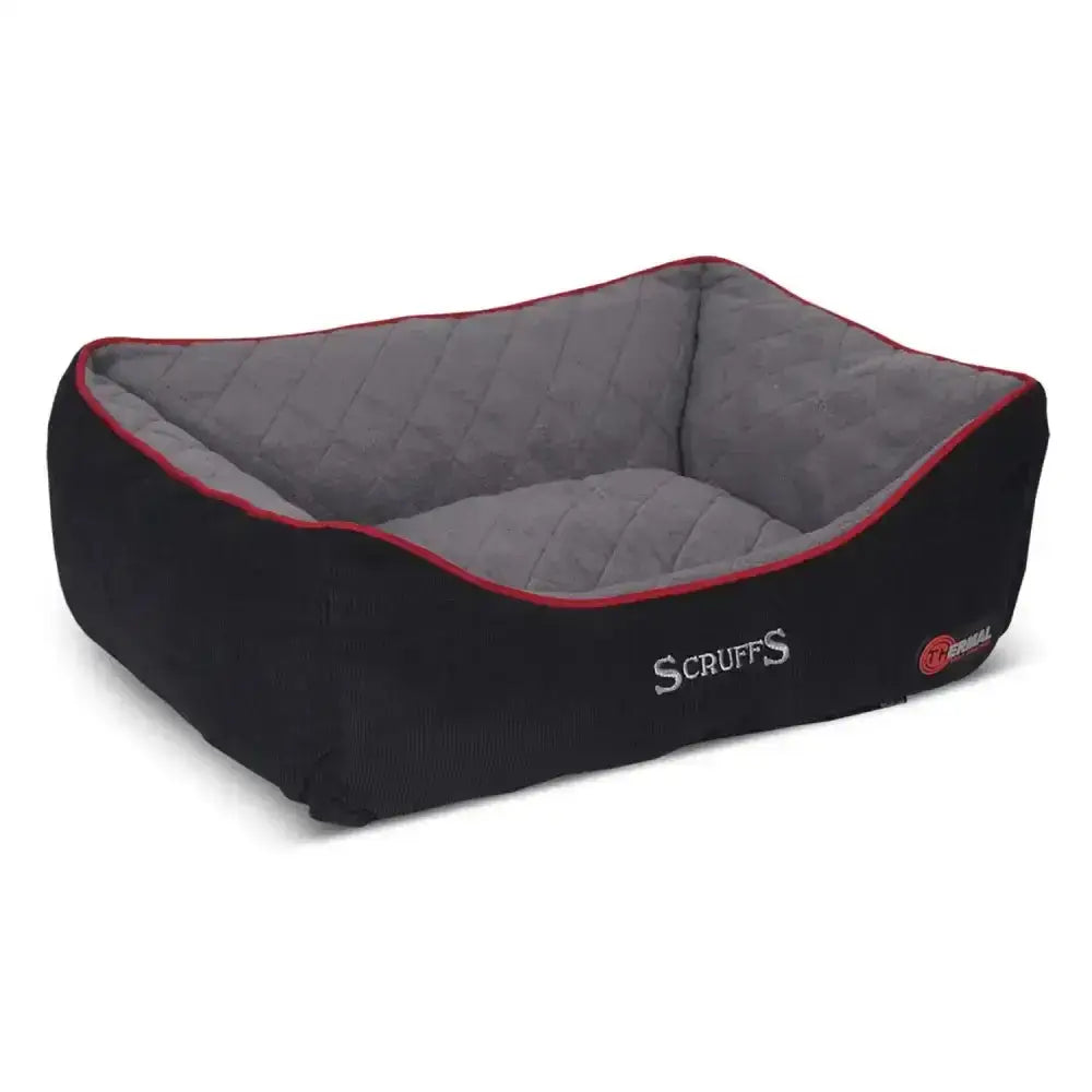Black and gray scruffs thermal box bed with red trim self-heating bed perfect for keeping pets cozy