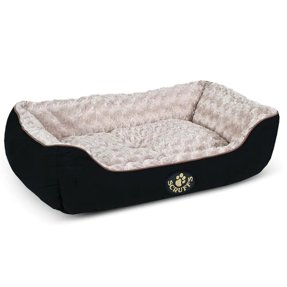 Black scruffs wilton box dog bed with quilted outer fabric and luxurious plush fur cream-colored lining