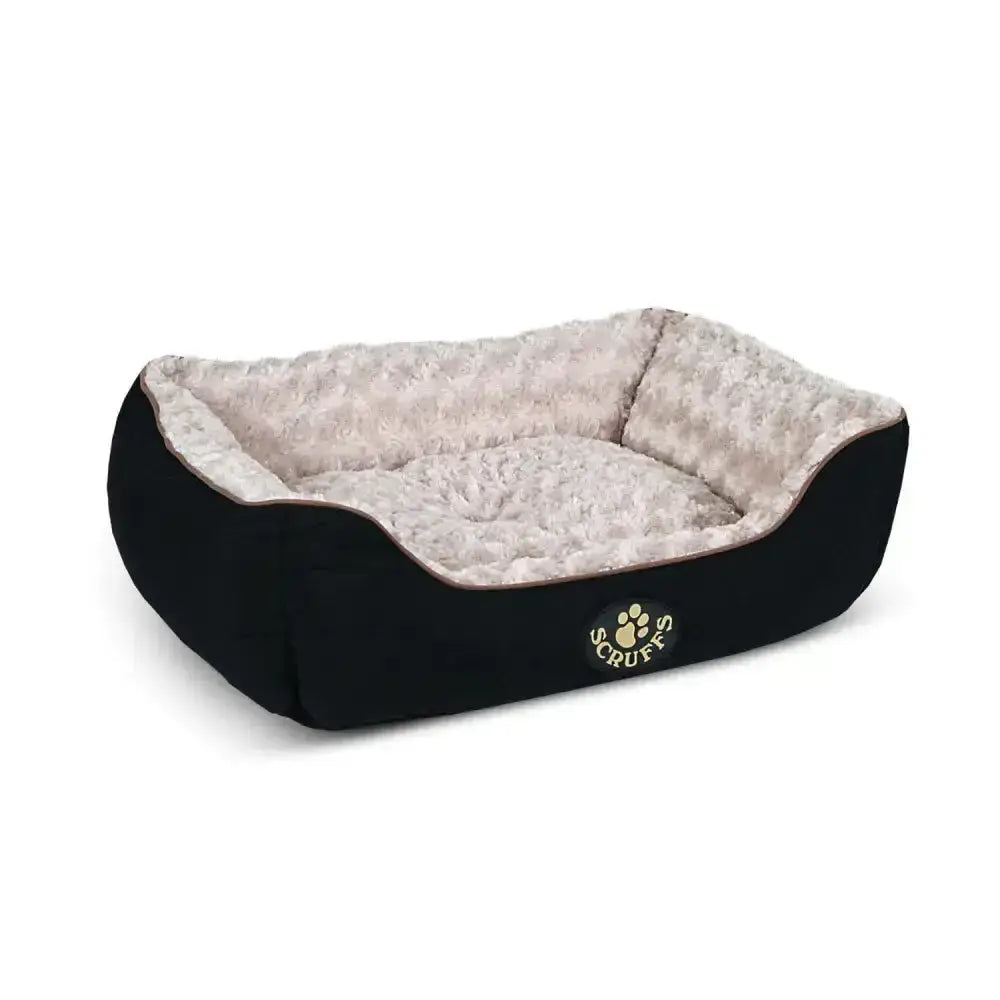 Black and beige scruffs wilton box dog bed with quilted outer fabric and luxurious plush fur interior and embroidered logo