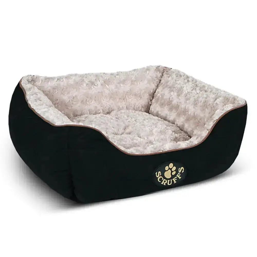 Black scruffs wilton box bed with quilted outer fabric and luxurious plush fur beige interior plus gold paw print logo