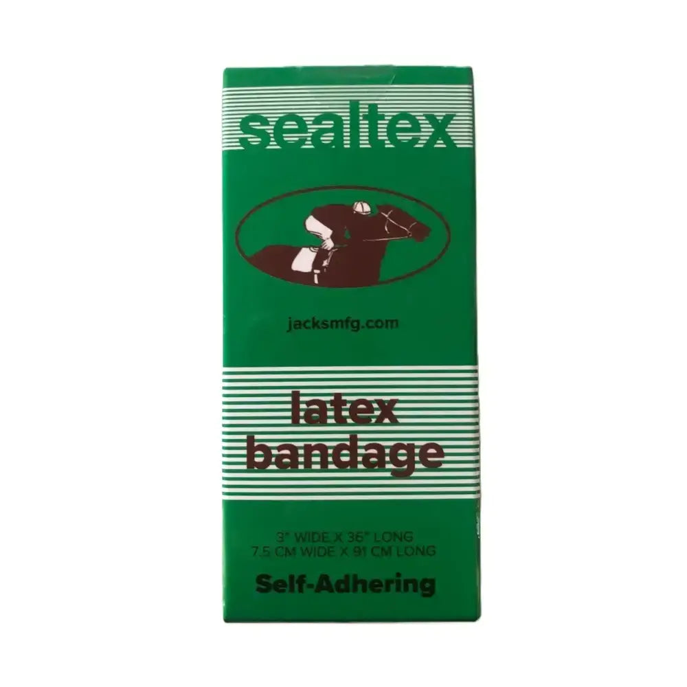 Green rectangular box of sealtex latex bandage with brown jockey on horse and white stripes for latex bit wrapping
