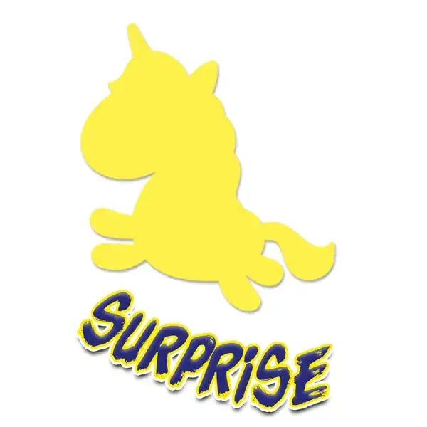 Yellow unicorn bath bomb cutout with surprise inside in bold blue and yellow lettering for ses unicorn bath bomb