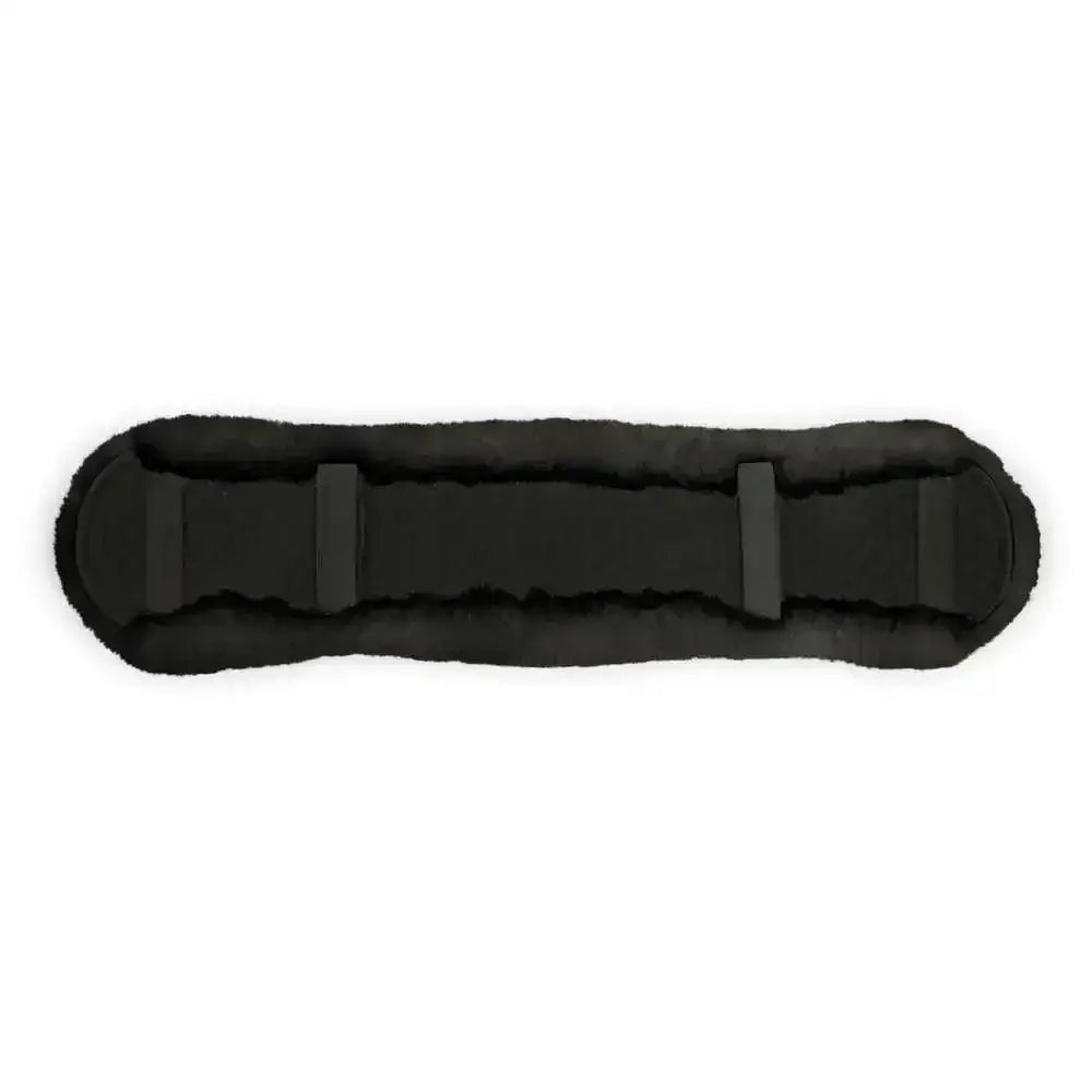 Black plush-furred shaped dressage girth sleeve with padded central section and two vertical straps for secure fit
