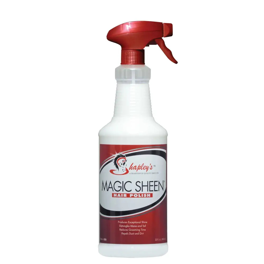 A white plastic spray bottle with a red trigger labeled hapleys magic sheen hair polish to reduce grooming time and add sheen coat shine