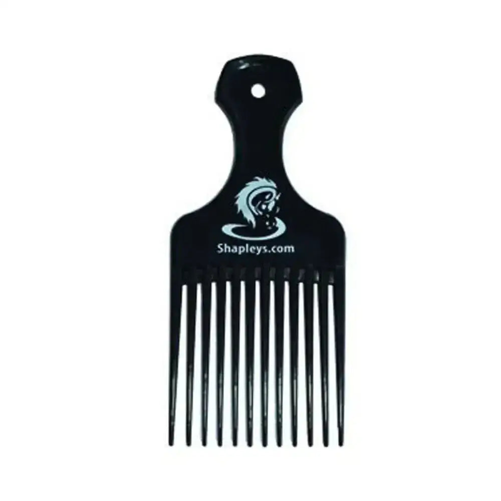 Black plastic extremely effective super tail pick comb with shapley’s super tail logo and website on handle