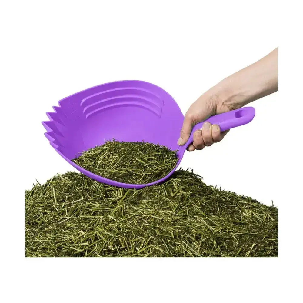 Purple plastic shark skup feed scoop with serrated edge and ergonomic handle designed feed scoop for loosening compacted feed