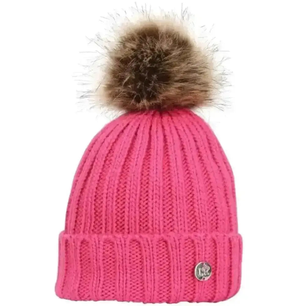 Bright pink ribbed knit sheila bobble hat with fluffy brown faux fur pom pom and metallic logo tag on cuff