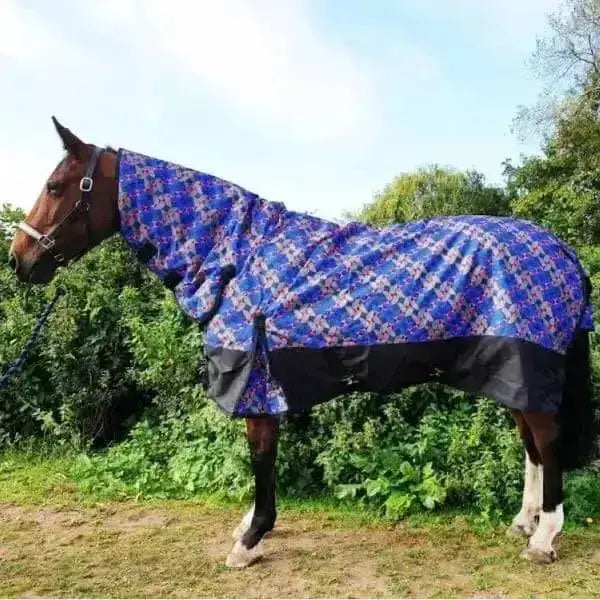 Blue and purple patterned sheldon horse rugs heavy weight combo turnout rug with black trim for outdoor use