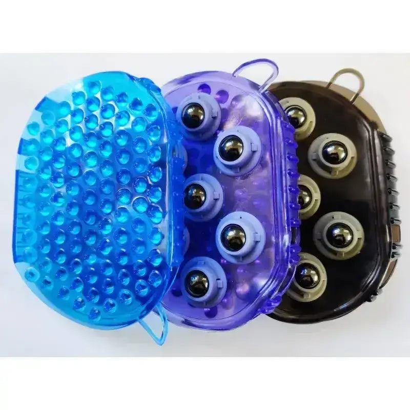 Three colorful translucent sheldon massage grooming mitts with magnetic roller balls in blue purple and black plastic