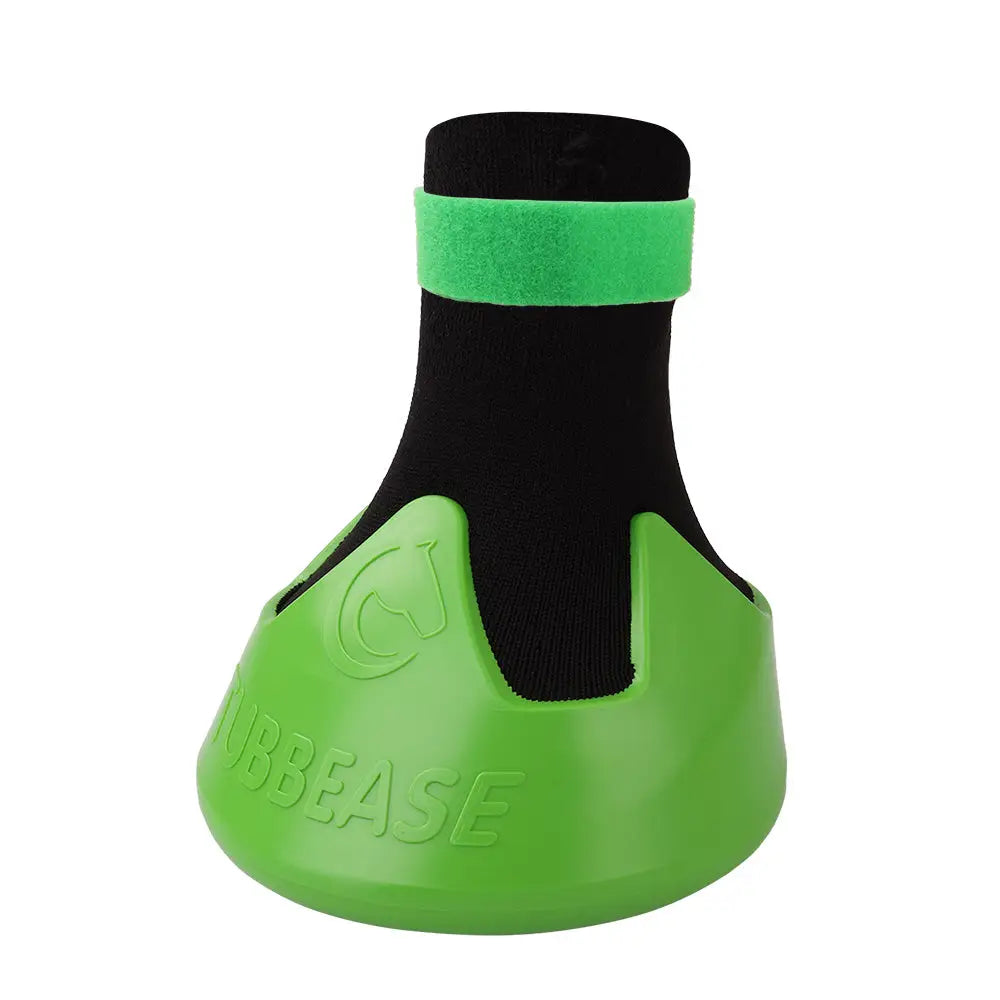 Bright green rubber shoof tubbease hoof sock with black elastic band and logo embossed for hoof problems protection