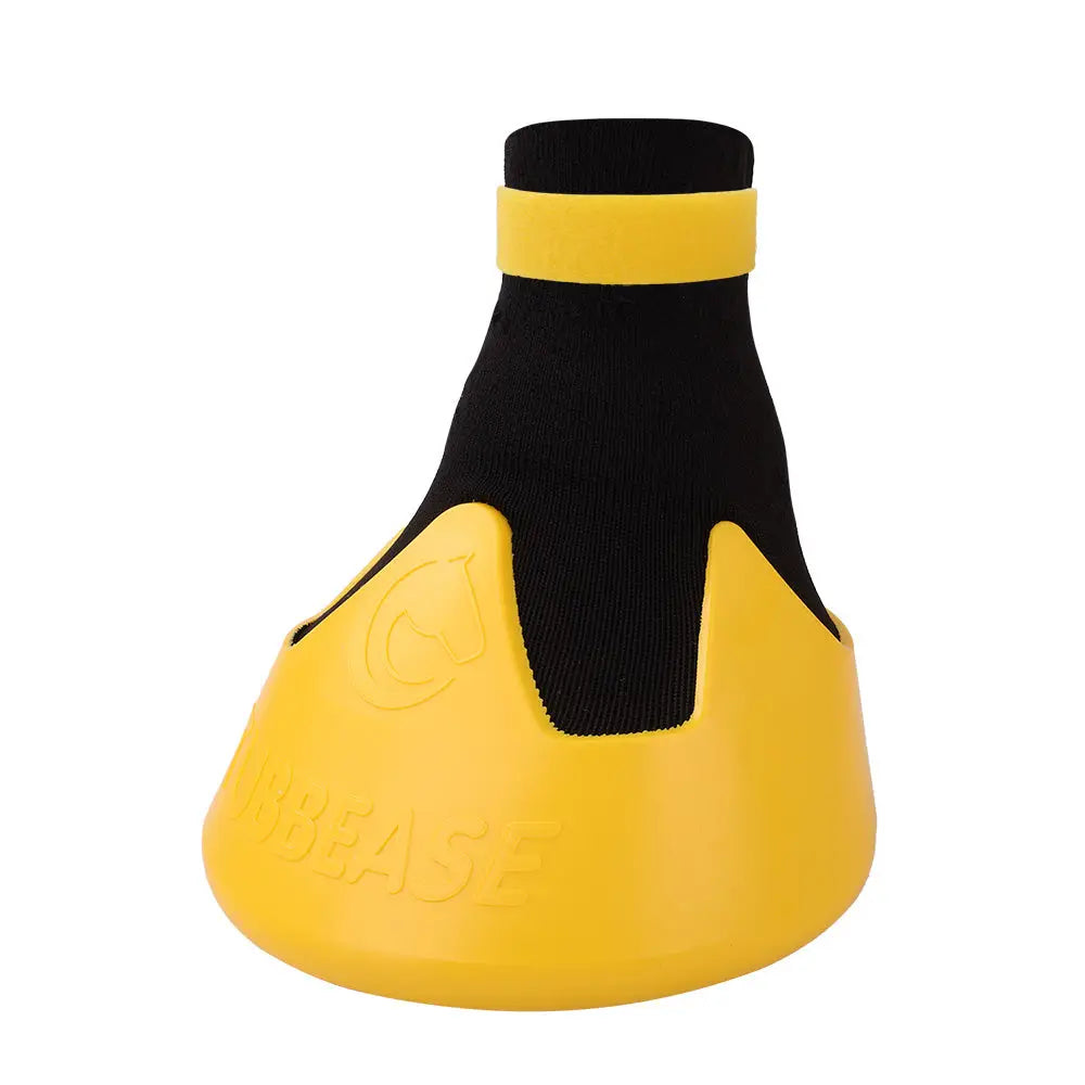 Yellow and black shoof tubbease hoof sock with textured grip surface designed to prevent common hoof problems