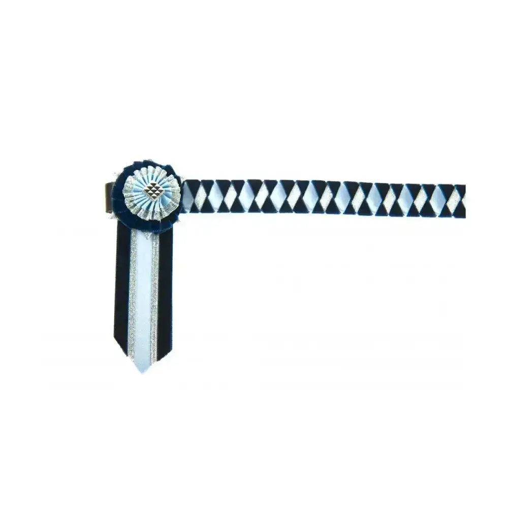 Black and silver showquest boston brow band with diamond-patterned hand-plaited ribbon and textured centerpiece