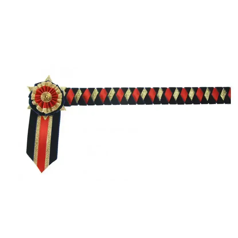A decorative black red and gold diamond patterned ribbon sash with matching rosette for showquest boston brow band