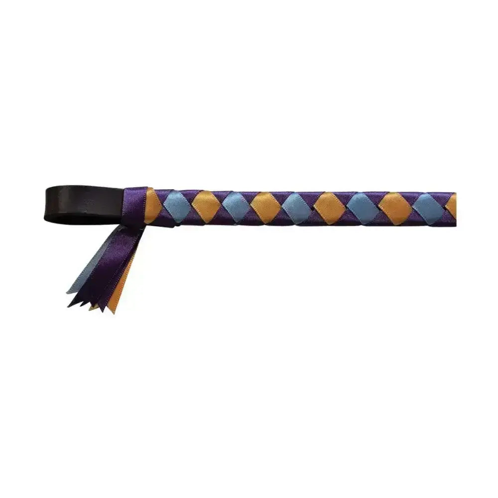 Showquest epson brow hand-plaited ribbon whip with purple and gold diamond pattern and black handle
