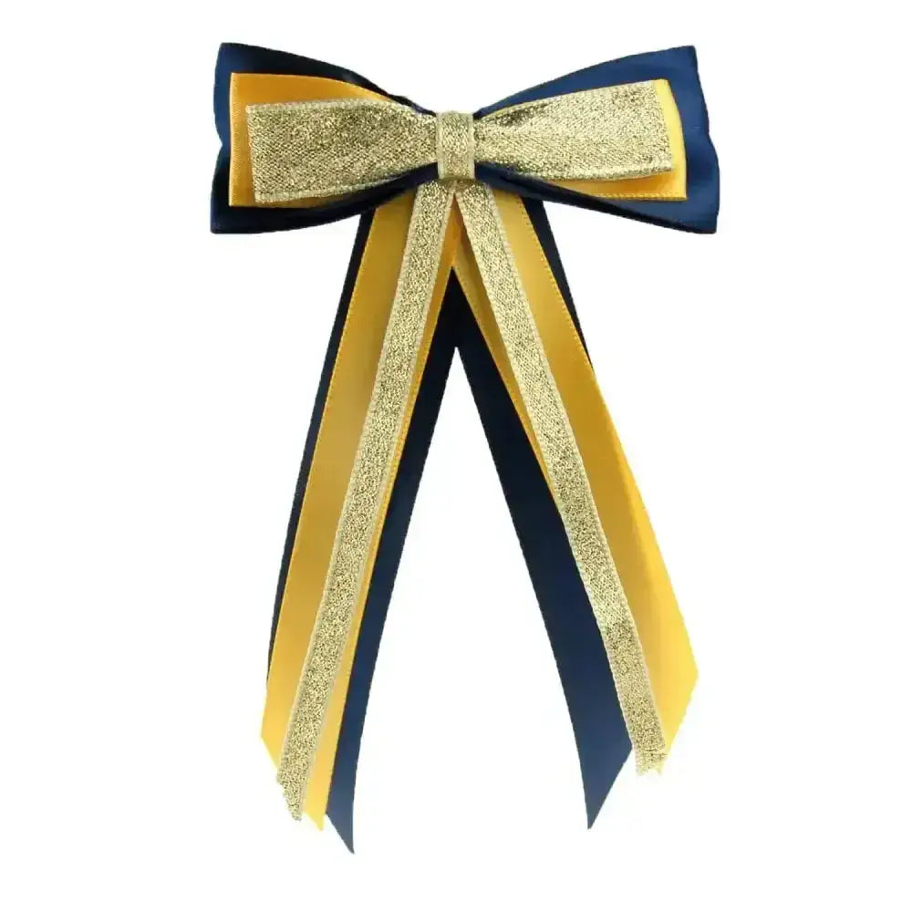 Showquest hairbow made of navy blue and gold glittery ribbon with shiny textured finish for a finishing showring touch