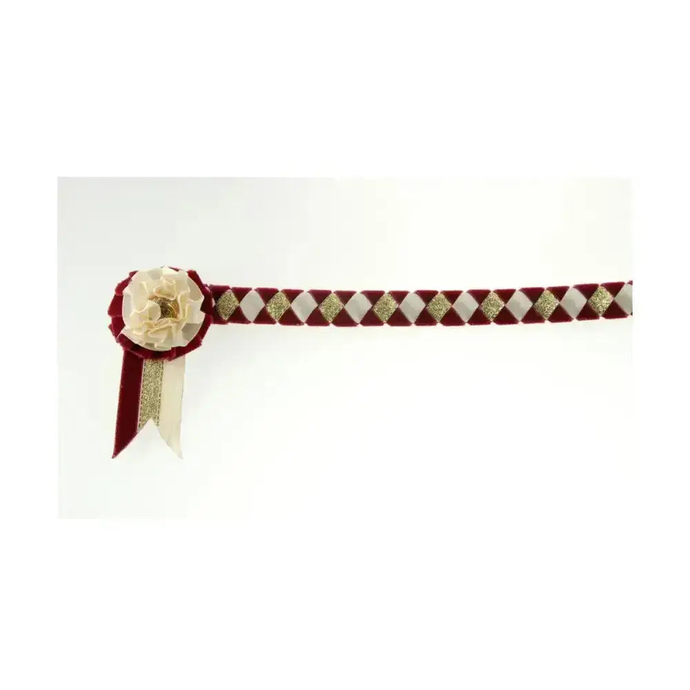 A showquest newport brow band with maroon cream diamond ribbon glittery gold accent and cream fabric flower